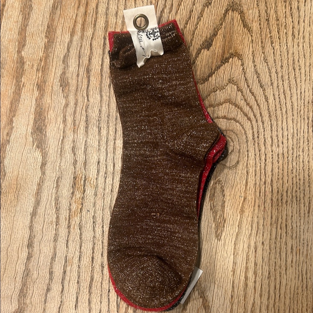 Free People Metallic Brown Ankle Socks with Red Trim